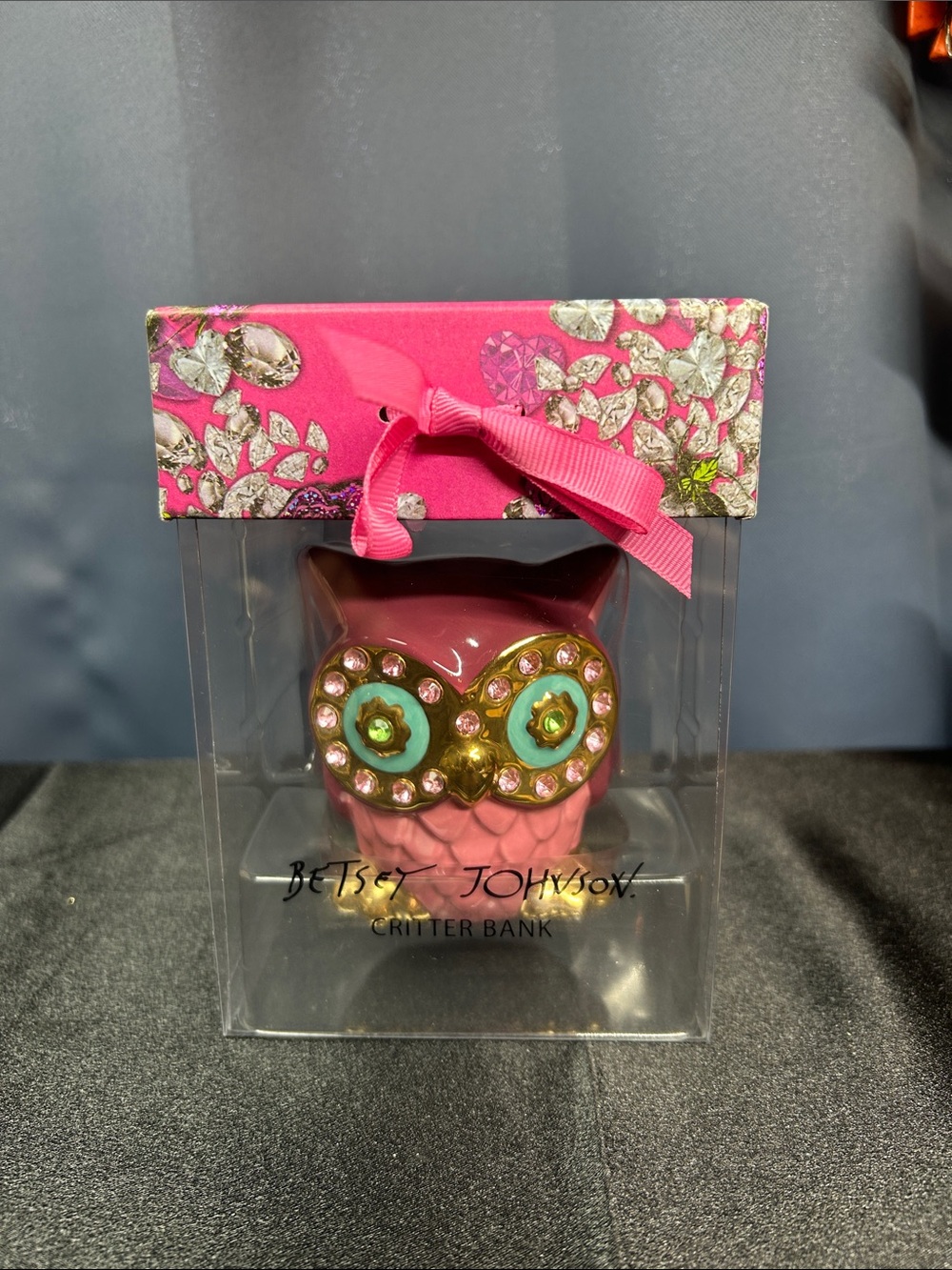 Betsey Johnson Pink Owl Critter Bank with Teal Eye Accents and Gold Details
